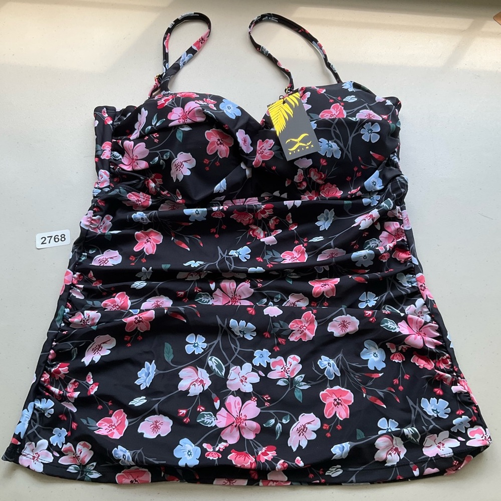 Bikinx Tankini Top XL Floral Black Pink Tummy Control New
